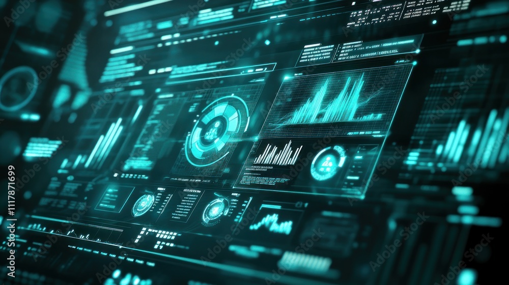 Poster futuristic teal digital dashboard displaying data analytics, graphs, and charts on a dark background