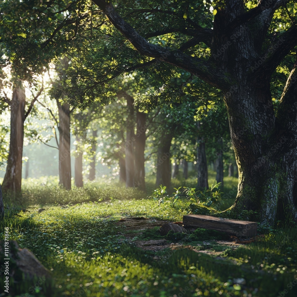 Poster a serene forest scene with lush greenery and soft sunlight filtering through the trees, creating a p