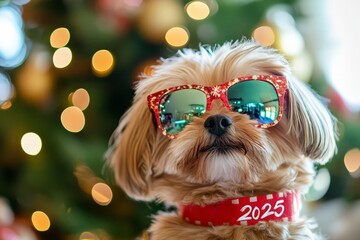 Adorable dog wearing eyeglasses celebrating new year 2025 in a cozy christmas setting