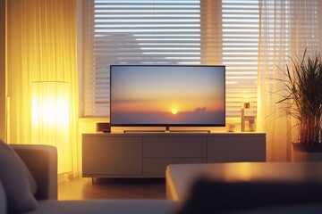 Contemporary living room with flat screen tv on sleek media console and soft lighting atmosphere