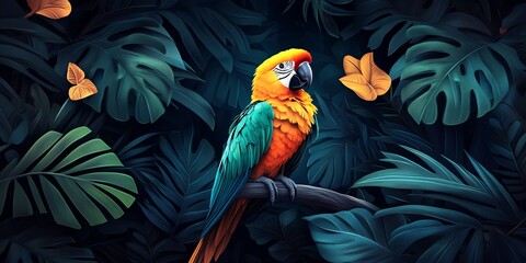 Obraz premium A vibrant parrot perched amidst lush tropical foliage and butterflies.