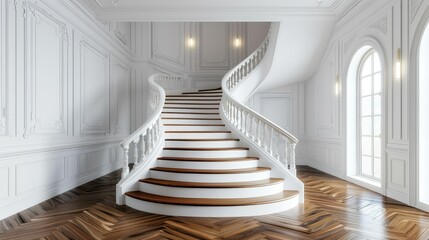 Elegant white spiral staircase in a grand, white room with hardwood floors and large window.