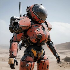 Naklejka premium Weathered robotic suit stands desert landscape.