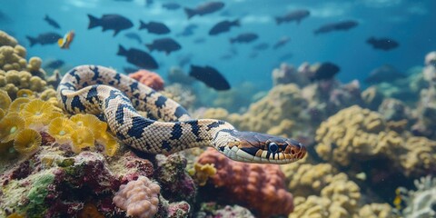 Obraz premium A snake lies on a colorful coral reef, surrounded by marine life