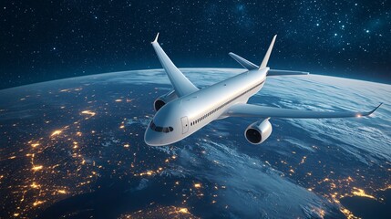 Naklejka premium Airplane flying above Earth in a starry sky.