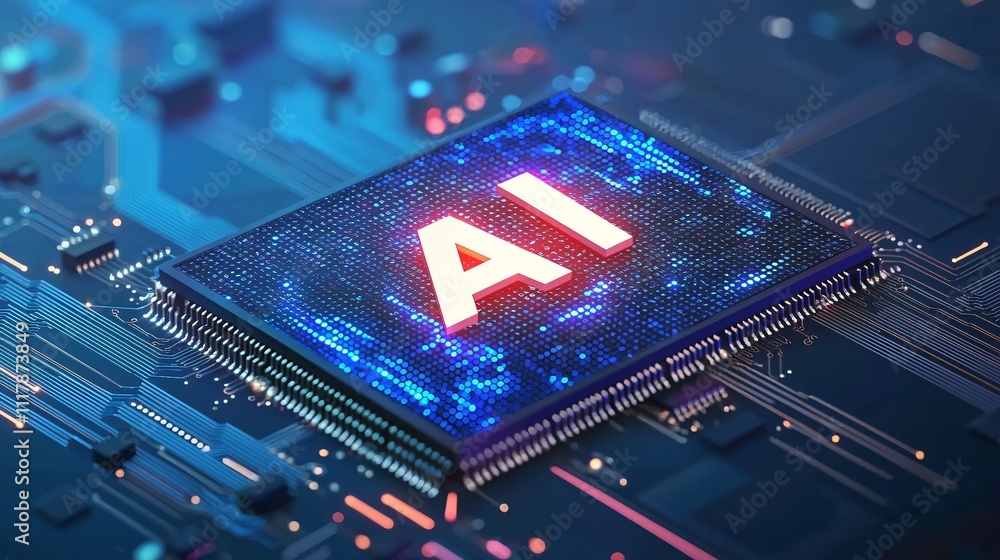 Poster ai chip on a circuit board with glowing elements.