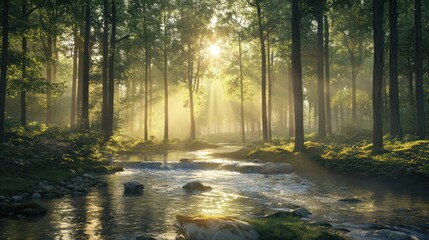 Obraz premium the river flows quietly with trees and morning sunlight