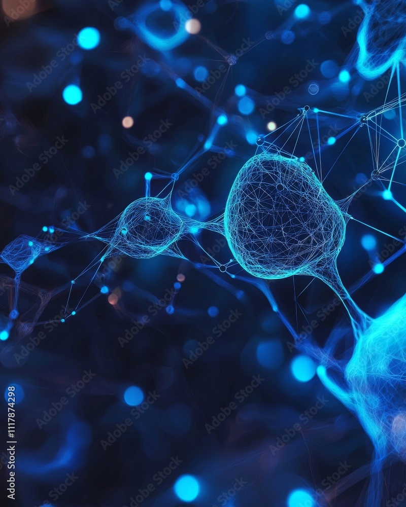 Poster close-up view of glowing blue neurons interconnected with luminous lines, creating a captivating dig