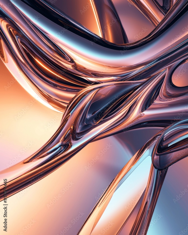 Poster an abstract close-up of metallic fluid shapes in warm tones, creating a dynamic and modern visual ex