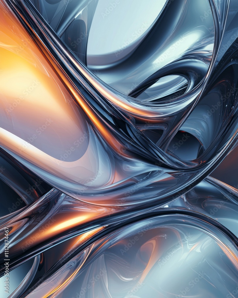 Poster abstract curves and swirls in metallic tones create a dynamic, futuristic visual landscape.