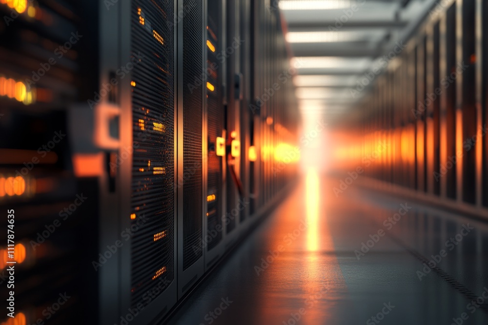 Poster futuristic data center corridor with glowing server racks, creating a warm, inviting atmosphere as l