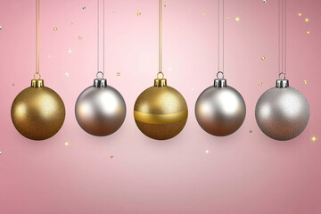 Obraz premium A row elegant Christmas ornaments in gold and silver, suspended against a soft pink background,