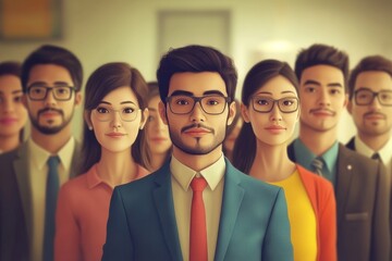 Fototapeta premium A diverse group of professionals, including two women and four men, standing confidently in a modern office setting.