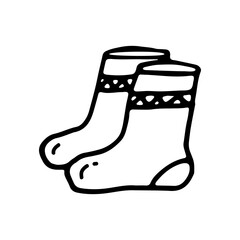 Cozy warm socks. A pair of knitted socks. Doodle. Vector illustration. Hand drawn. Outline.