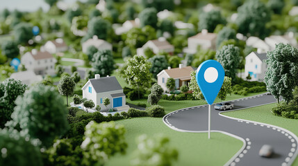 A detailed aerial view of a miniature neighborhood, bright location pin visible.