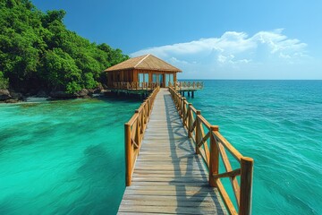 Fototapeta premium A wooden pier extends into the ocean, featuring a gazebo in the distance, perfect for coastal scenes or vacation inspiration