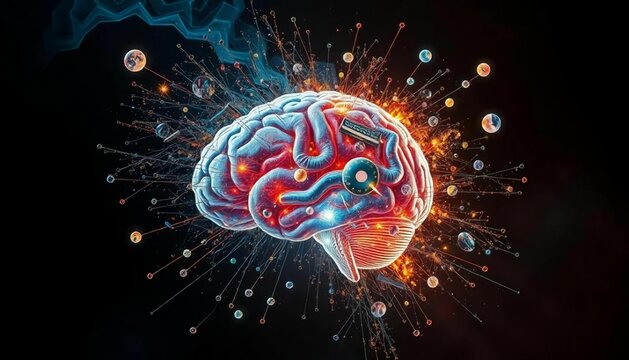 Concept art of a human brain exploding with knowledge and creativity