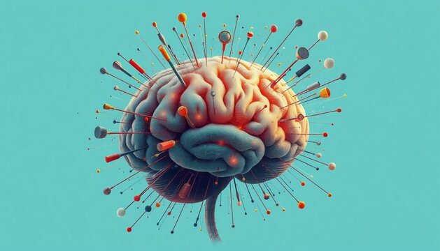 Concept art of a human brain exploding with knowledge and creativity