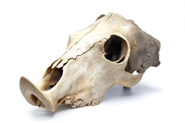 A close-up shot of an animal skull on a white background