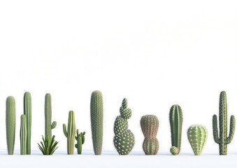 A row of cacti with varying shapes and sizes