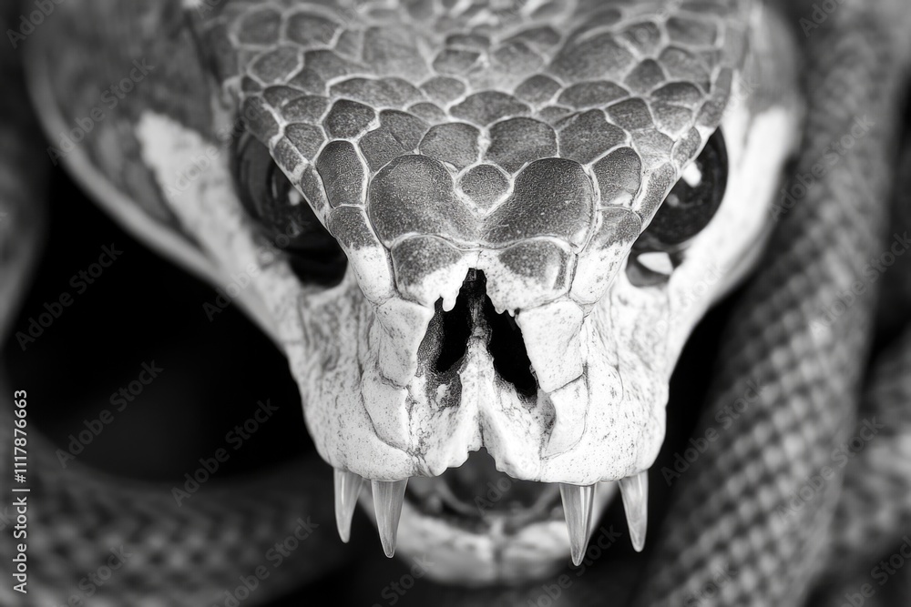 Poster a close-up shot of a snake's head with its mouth open, suitable for use in wildlife or nature docume