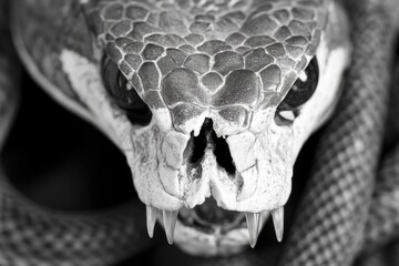 A close-up shot of a snake's head with its mouth open, suitable for use in wildlife or nature documentaries