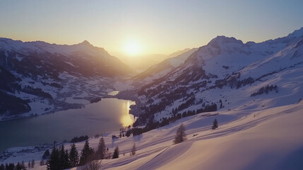 A breathtaking view of the snow-covered Alps, with pristine white slopes and vibrant blue lakes nestled beneath majestic mountains