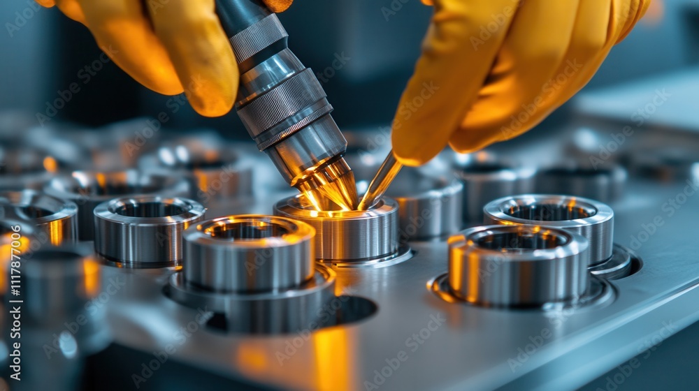 Poster a photo of an inspector using tools to check the precision of parts or equipment on a production lin