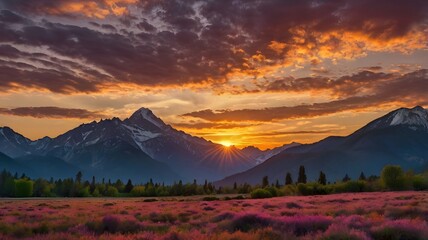 Majestic Mountain Landscape During Vibrant Sunset Over Serene River