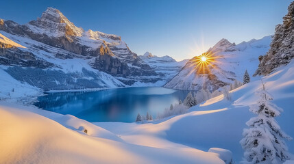 A breathtaking view of the snow-covered Alps, with pristine white slopes and vibrant blue lakes nestled beneath majestic mountains