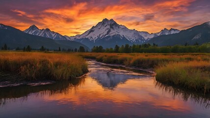 Fototapeta premium Majestic Mountain Landscape During Vibrant Sunset Over Serene River