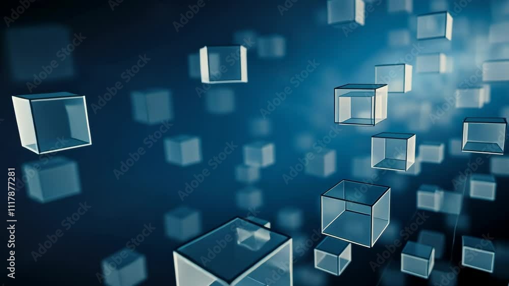 Poster abstract representation of 3d cubes in a digital space with blue gradient background