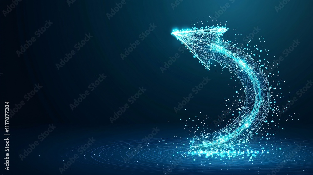 Poster dynamic blue arrow with particles on dark background