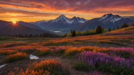 Obraz premium Majestic Mountain Landscape During Vibrant Sunset Over Serene River