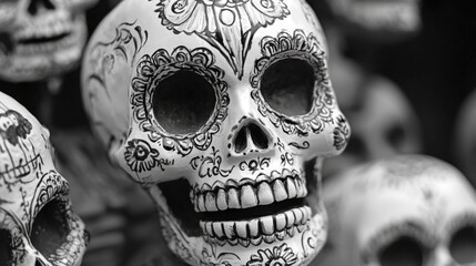 Fototapeta premium A group of human skulls arranged in a row, possibly for decoration or ritual purposes