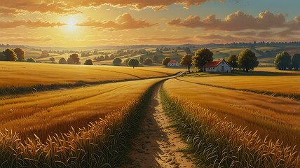 Fototapeta premium Vibrant countryside field with golden sunlight and warm earthy textures.