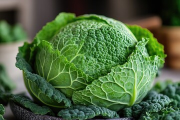 A close-up shot of a head of cabbage sitting on a table