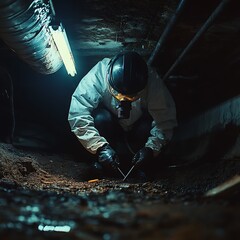 Worker in protective suit inspecting underground pipes.