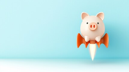 Piggy bank launching with rocket boosters on a blue background.