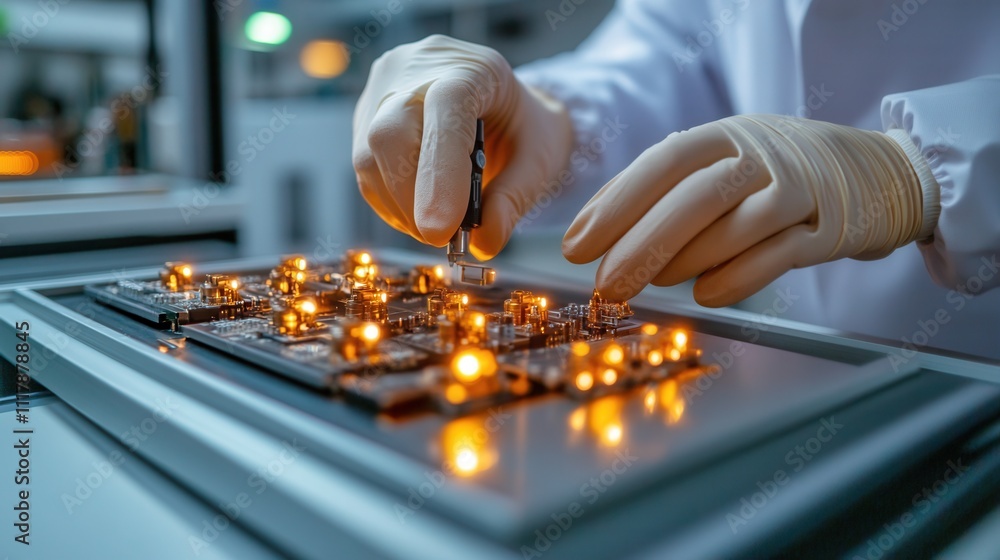 Poster worker inspecting electronic components for quality control in a laboratory