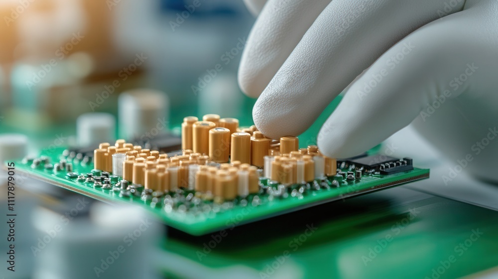 Poster worker inspecting electronic components for quality control in a laboratory