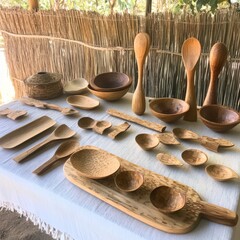 A collection of handmade wooden utensils, showcasing various shapes and sizes, on a white cloth against a rustic backdrop.