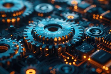 A close-up view of a computer motherboard featuring intricate gears