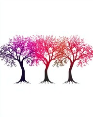 Obraz premium Three beautifully stylized trees with vibrant pink and purple hues, showcasing artistry and nature's elegance.