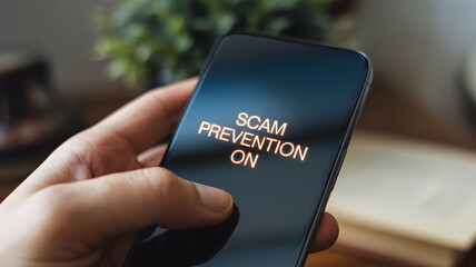 Spam call scam prevention concept. Smartphone displaying "Scam Prevention On" in a user's hand.