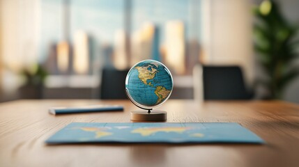 Desk with globe and map in a modern office setting.