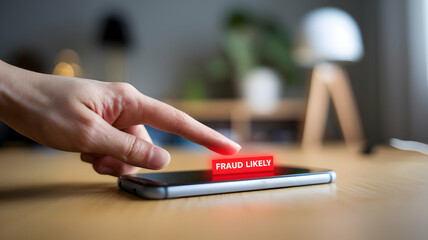 Spam call scam prevention concept. A hand pressing a phone screen displaying a fraud alert message.