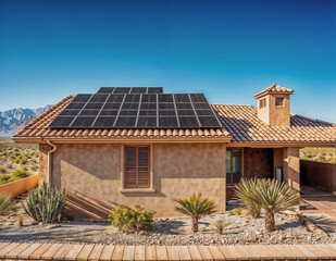 Jolie maison en plein désert équipé de panneaux solaires sur la toiture, environnement ,soleil