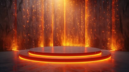Fiery orange neon light illuminates a dark circular platform.