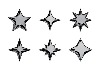 A set of 3D stereoscopic stars and starburst shapes illustrations in shiny silver color with metal and chrome texture.